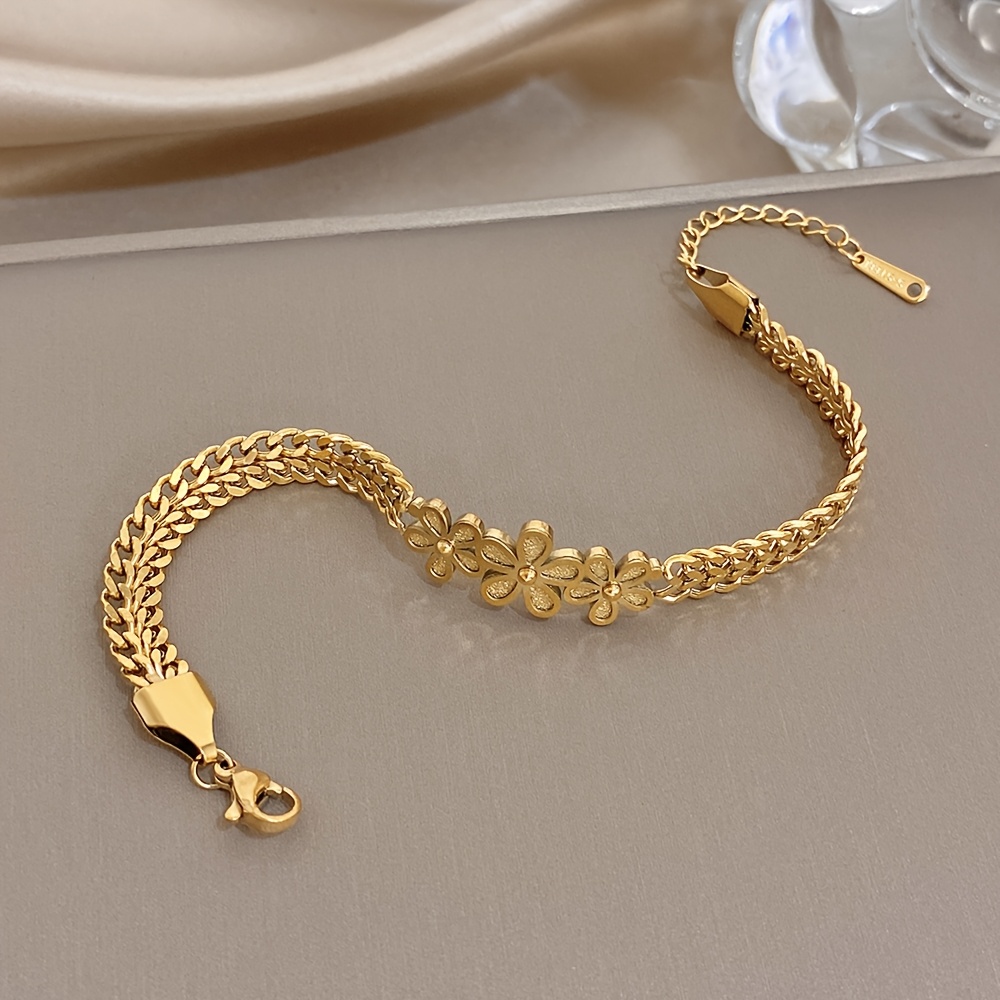 Elegant Golden Flower Matte Stainless Steel Bracelet, Unisex